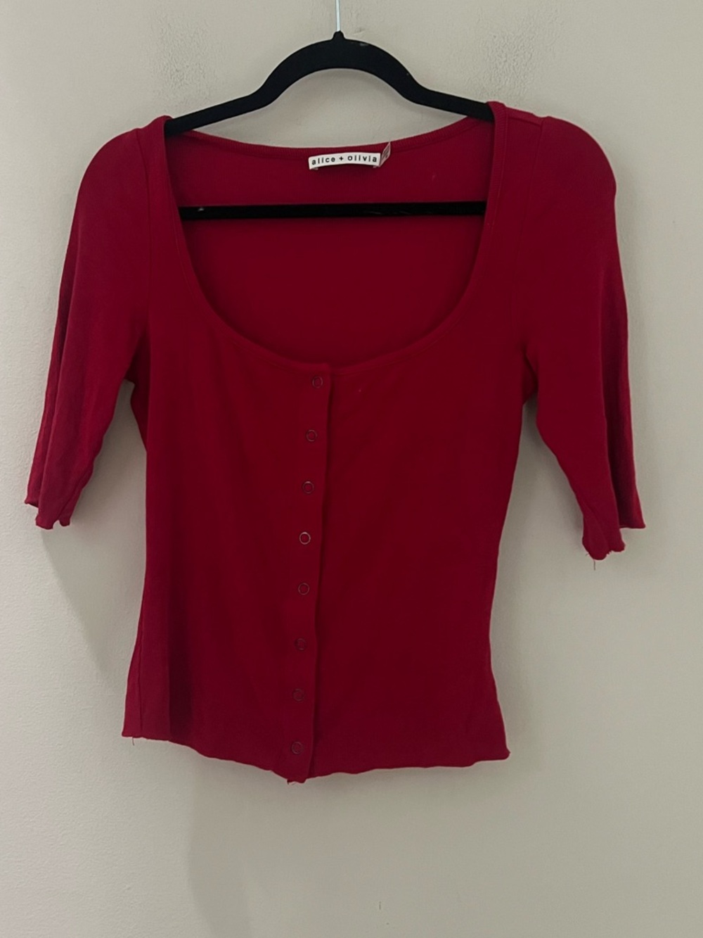 Alice + Olivia Red Button-Front Scoop Neck Top